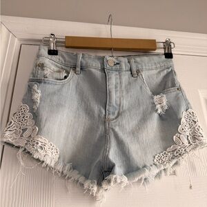 Garage Light Blue Jean Shorts with Lace Accents
